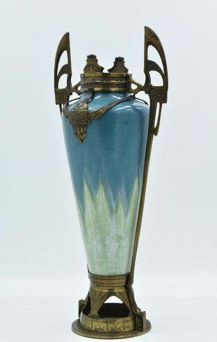 Vase Jugendstil – Faïence émaillé et bronze 